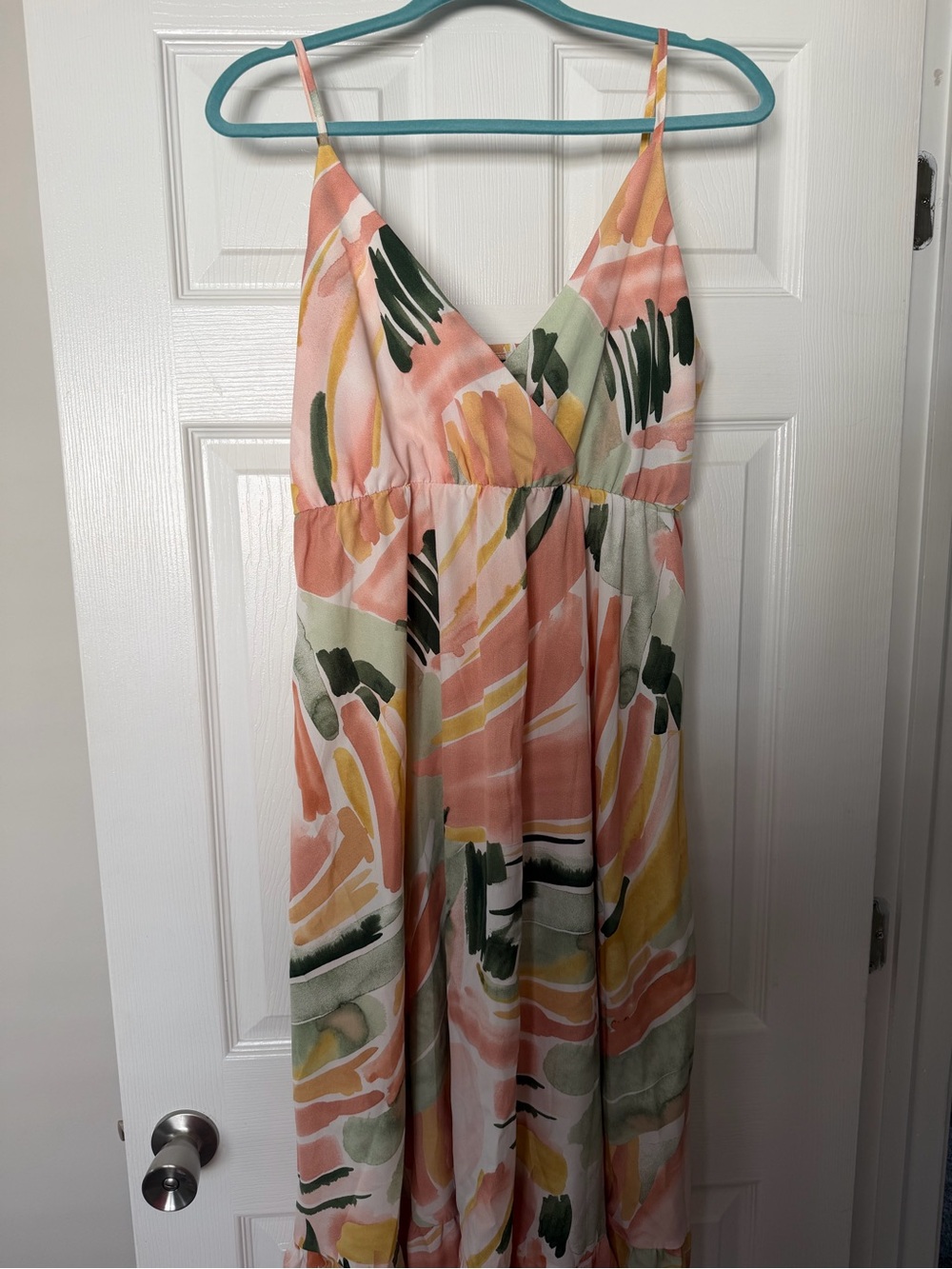 SHEIN Pink Watercolor Maxi Dress with Green & Yellow Accents